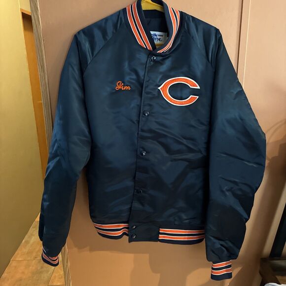 Vintage 80s Chicago Bears Satin Jacket Mens Large Blue Chalk Line NFL EUC 90s - Picture 1 of 15
